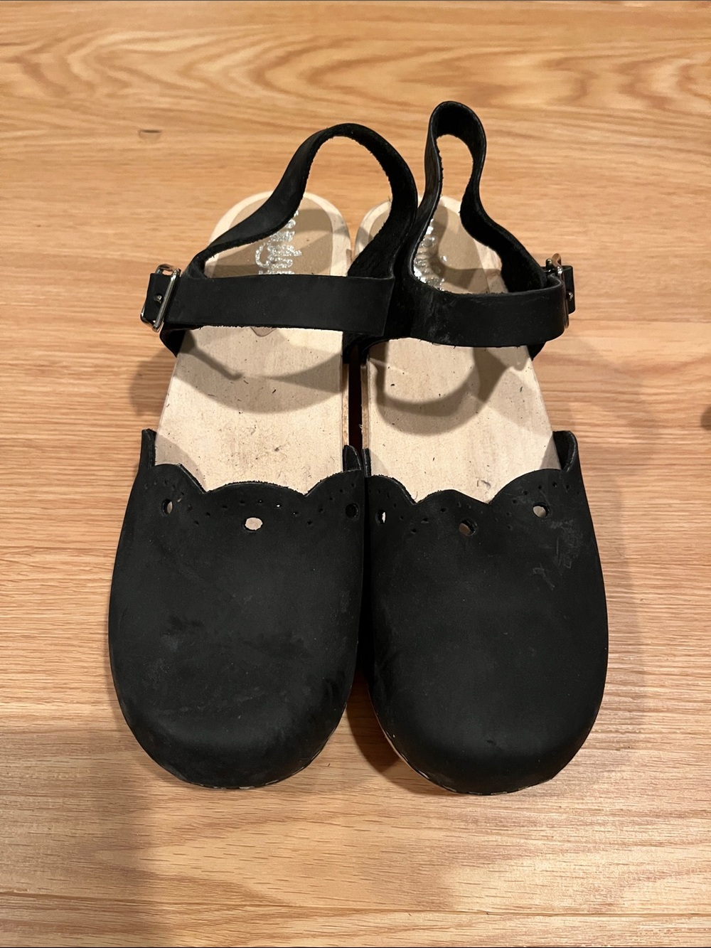Black Scalloped Toe Mary Jane Clogs with Ankle Strap